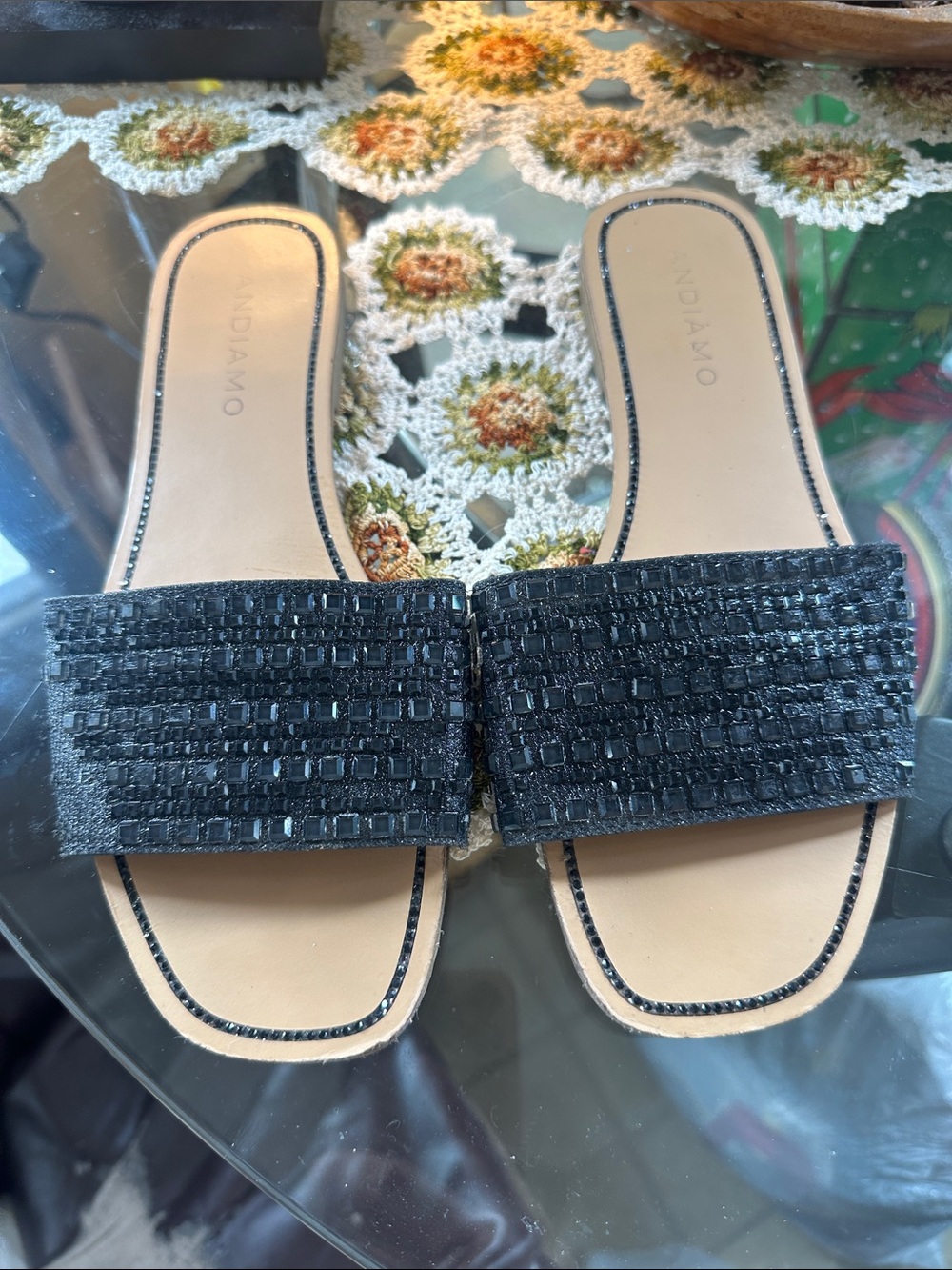 Andiamo Black Beaded Slide Sandals for Women